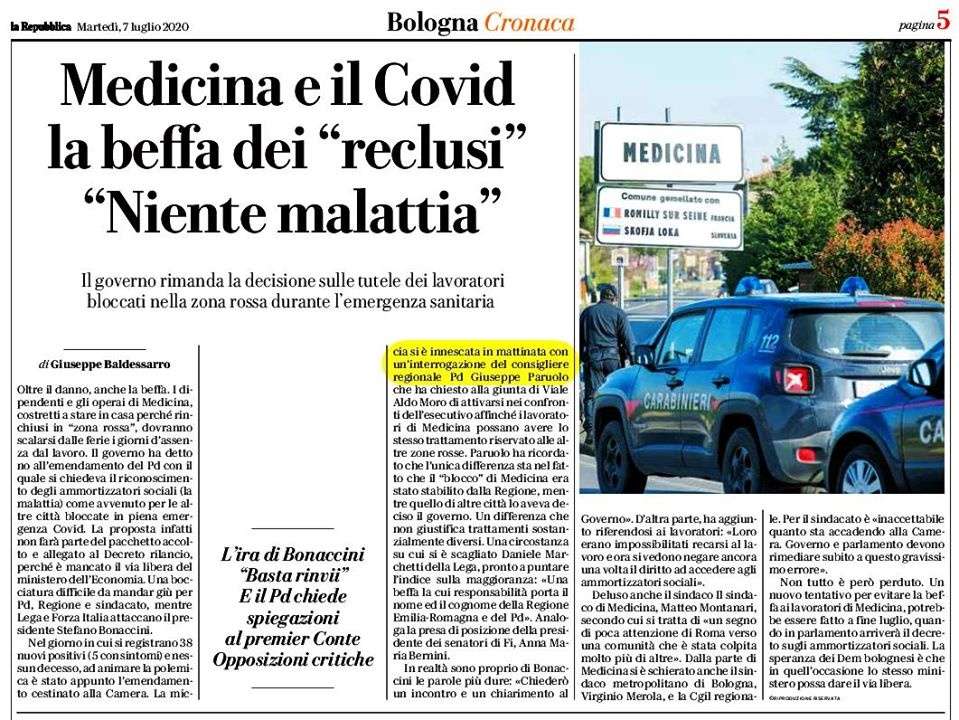 Parità di trattamento per i lavoratori della zona rossa di Medicina